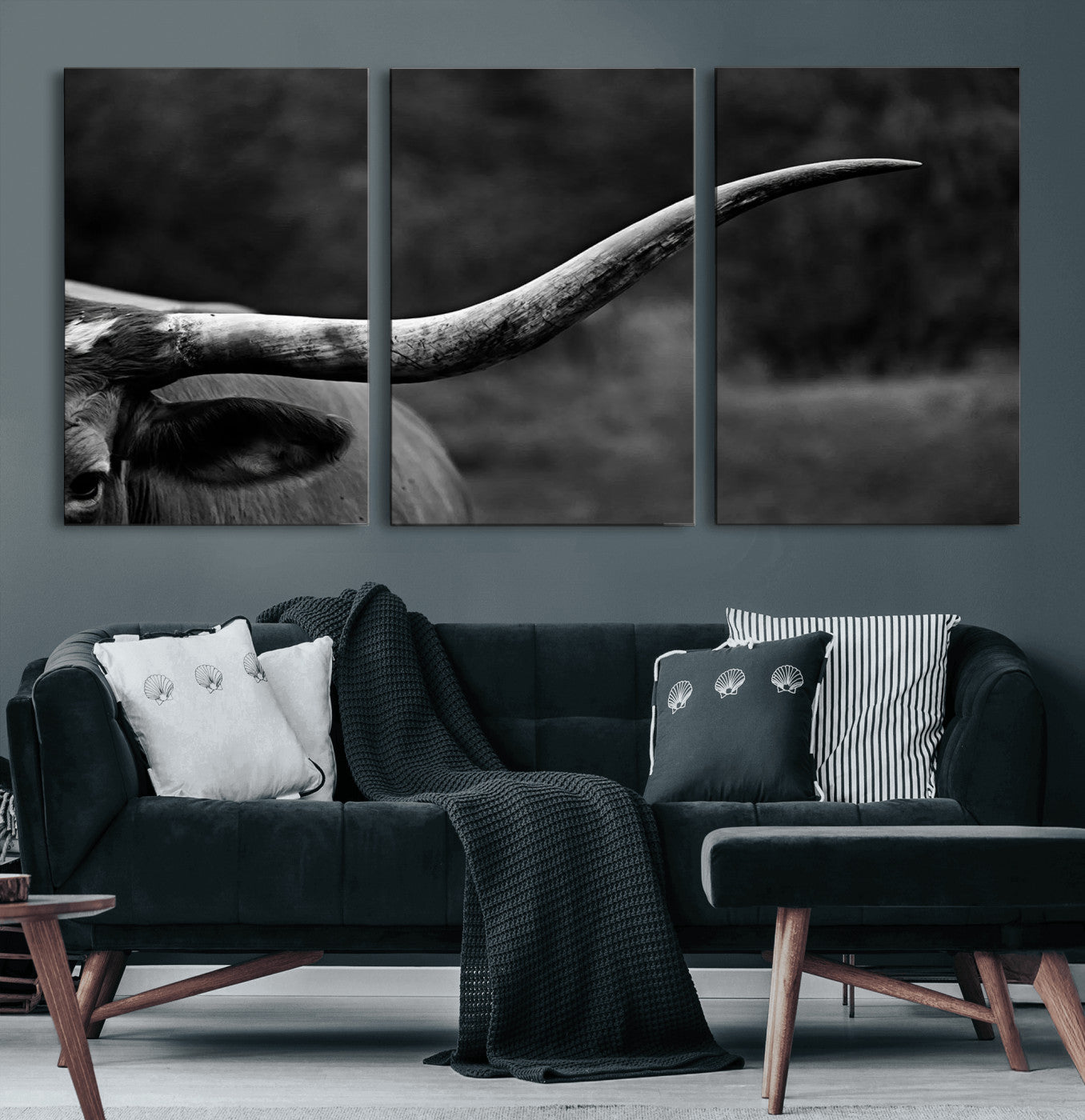 MGV-CV-60X30-3P - Cow Longhorn Wall Art | Black and White Print | Ready to Hang and Framed | Farmhouse Wall Decor |