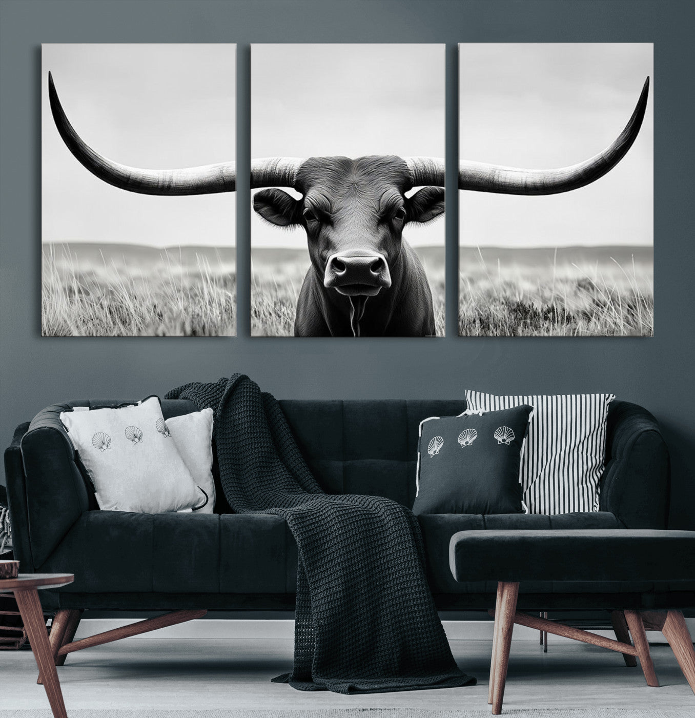 73780-MGV-CV-60X30-3P-Longhorn Bull Canvas Print | Rustic Farmhouse Wall Art | Western Decor | Ready to Hang and Framed