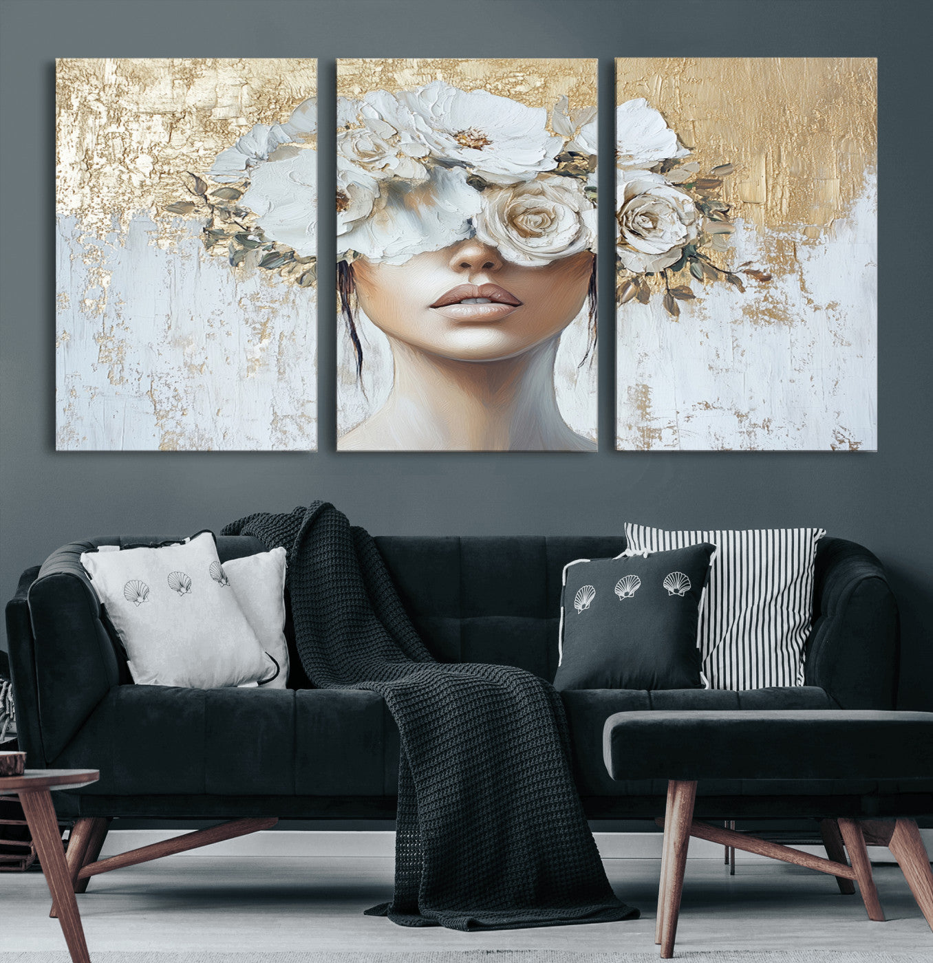 MGV-CV-60X30-3P - Golden Petal Wall Art - Canvas Print Flower Head Woman Painting Floral Woman Portrait Wall Decor,