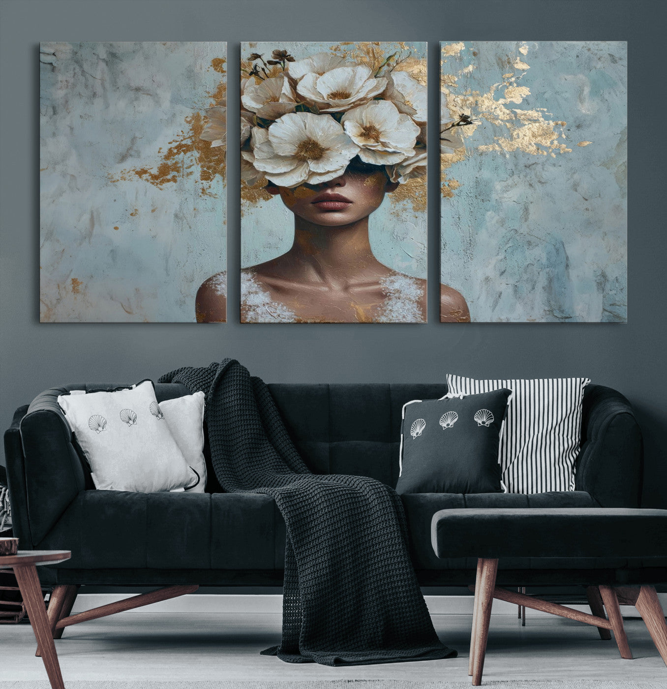 MGV-CV-60X30-3P - Golden Petal Wall Art - Petal Silhouette Woman Wall Art Canvas Print | Large 3-Panel Canvas with