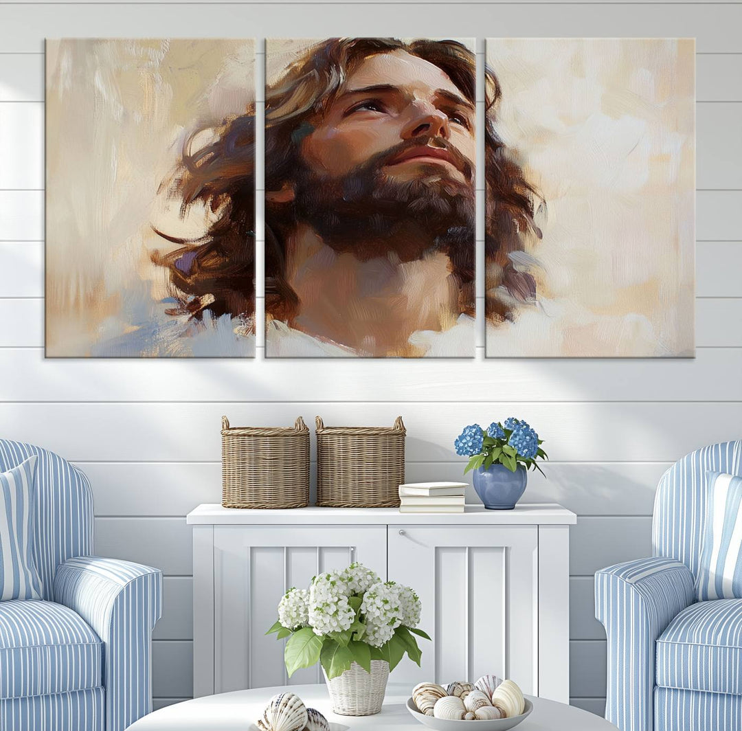 The "Jesus Christ Portrait Wall Art," a ready-to-hang and framed canvas print, features a bearded man with long hair looking upward, creating an inspirational spiritual atmosphere.