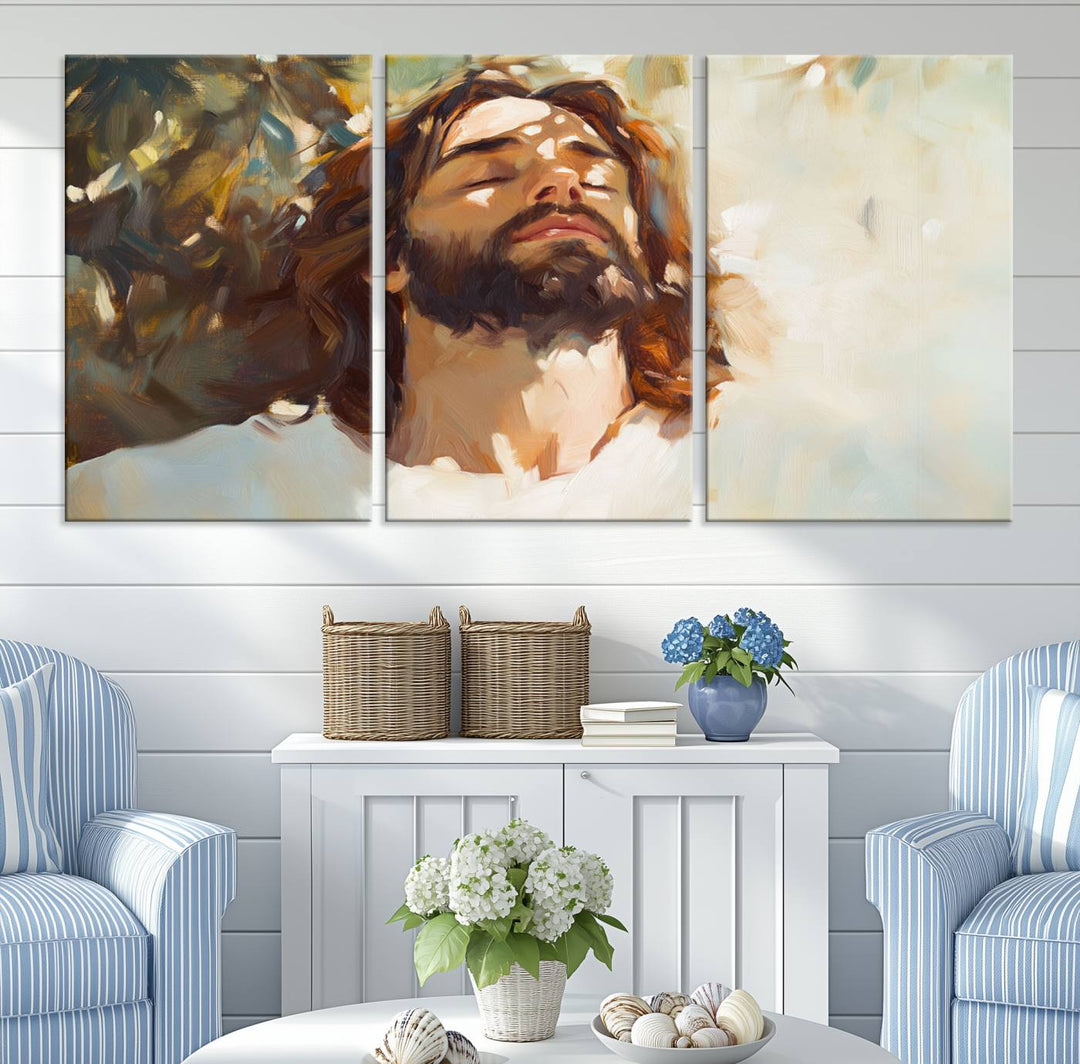 The Jesus Portrait Wall Art Canvas Print features a depiction of Jesus Christ with closed eyes, basking in sunlight. His expression exudes a peaceful, spiritual atmosphere against a blurred background.