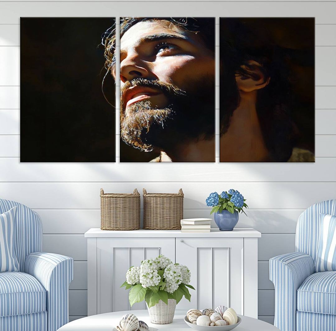 The Jesus Portrait Wall Art Canvas Print features a thoughtful depiction of Jesus Christ in an oil painting style, adding an inspirational religious touch to the decor.