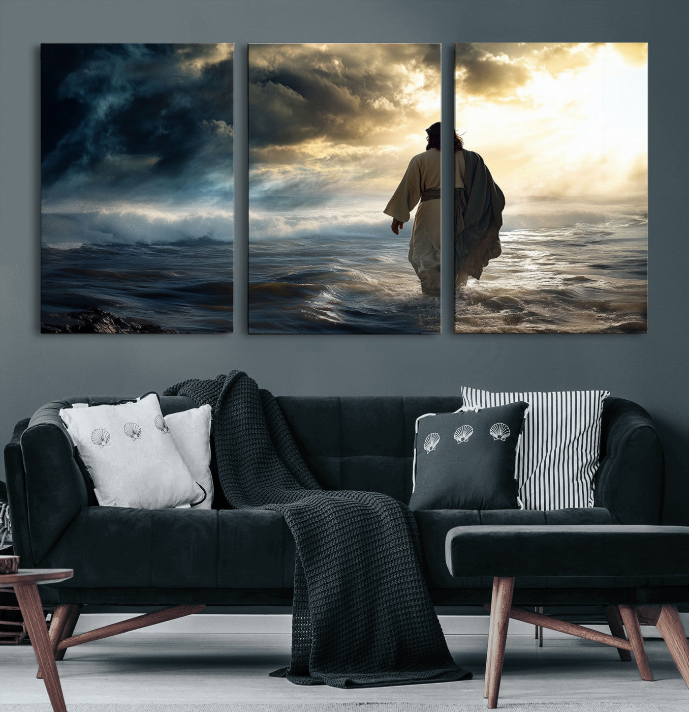 76524-MGV-CV-60X30-3P-Jesus Walking Water Wall Art – Inspirational Christian Canvas Print, Faith Based Spiritual Artwork for Living Room, Prayer Space, or Church Decor