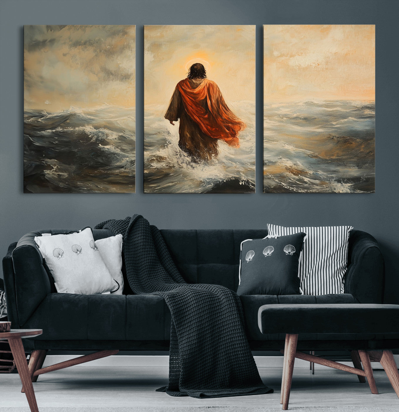 MGV-CV-60X30-3P - Jesus Walking on Water, Christian Wall Art, Jesus Christ Walking on Oil Painting Style Print