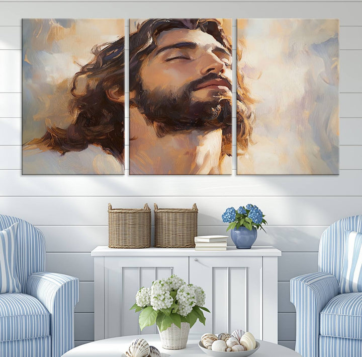 This museum-quality canvas print, titled "Jesus Portrait," features an oil painting style depiction of Jesus Christ with a closed-eyed expression. The high-resolution printing captures every detail beautifully.