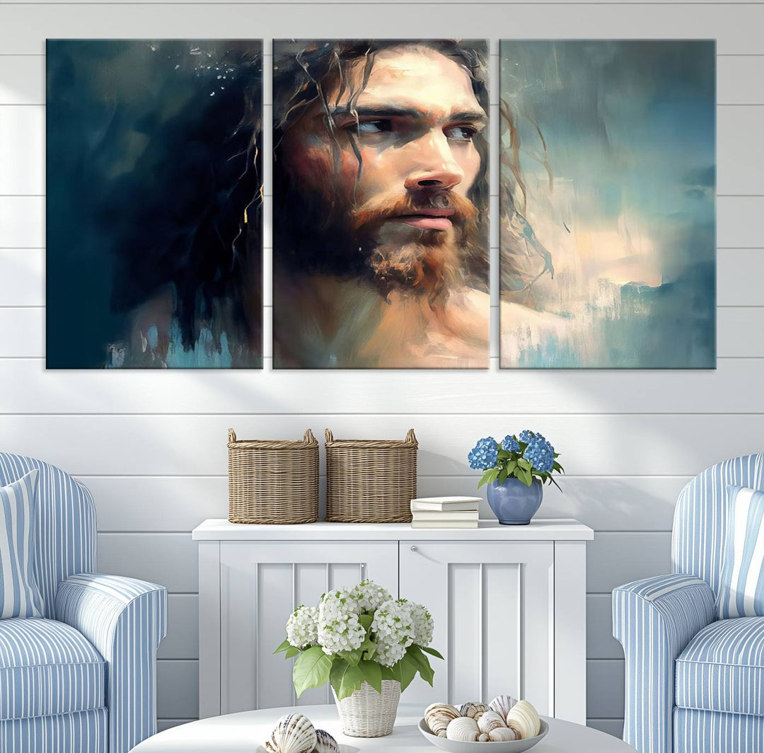 The Jesus Portrait Wall Art Canvas Print, featuring a depiction of a man with long hair and a beard, is showcased on a wooden wall. This Christian Wall Art is rendered on museum-quality canvas, highlighting the mastery of high-resolution printing in an oil painting style.