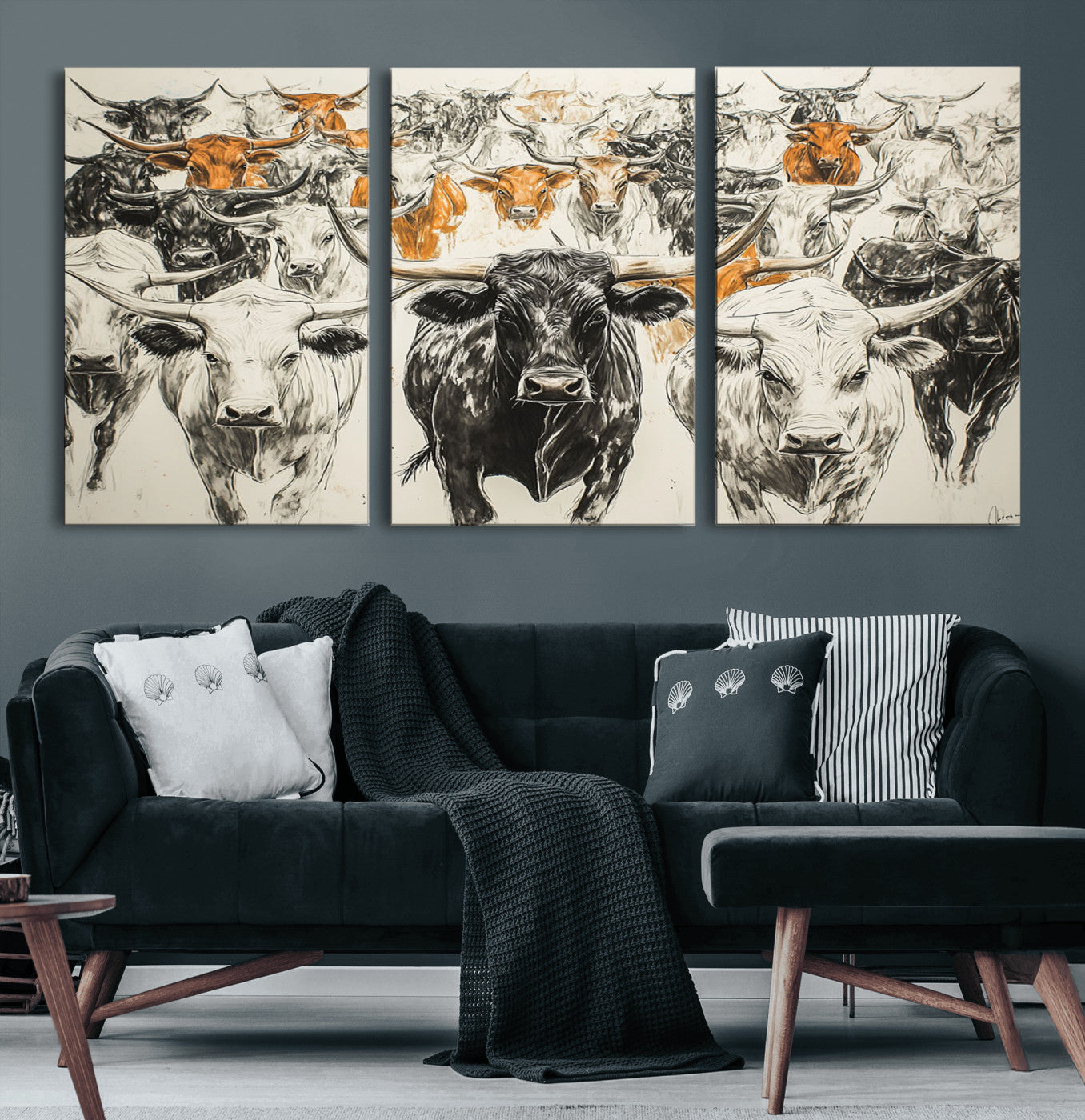 79794-MGV-CV-60X30-3P-Texas Longhorn Wall Art Canvas Print – Herd Abstract Cow Drawing Western Ranch Animal Artwork for Home, Office