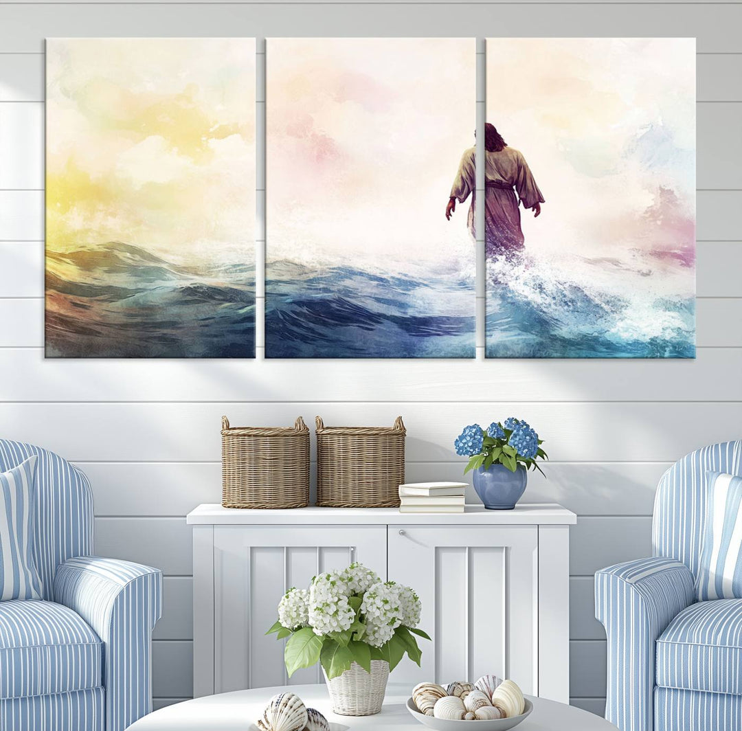 Watercolor Jesus Walking on Water Canvas Print, Christian Wall Art, Jesus Christ Walking