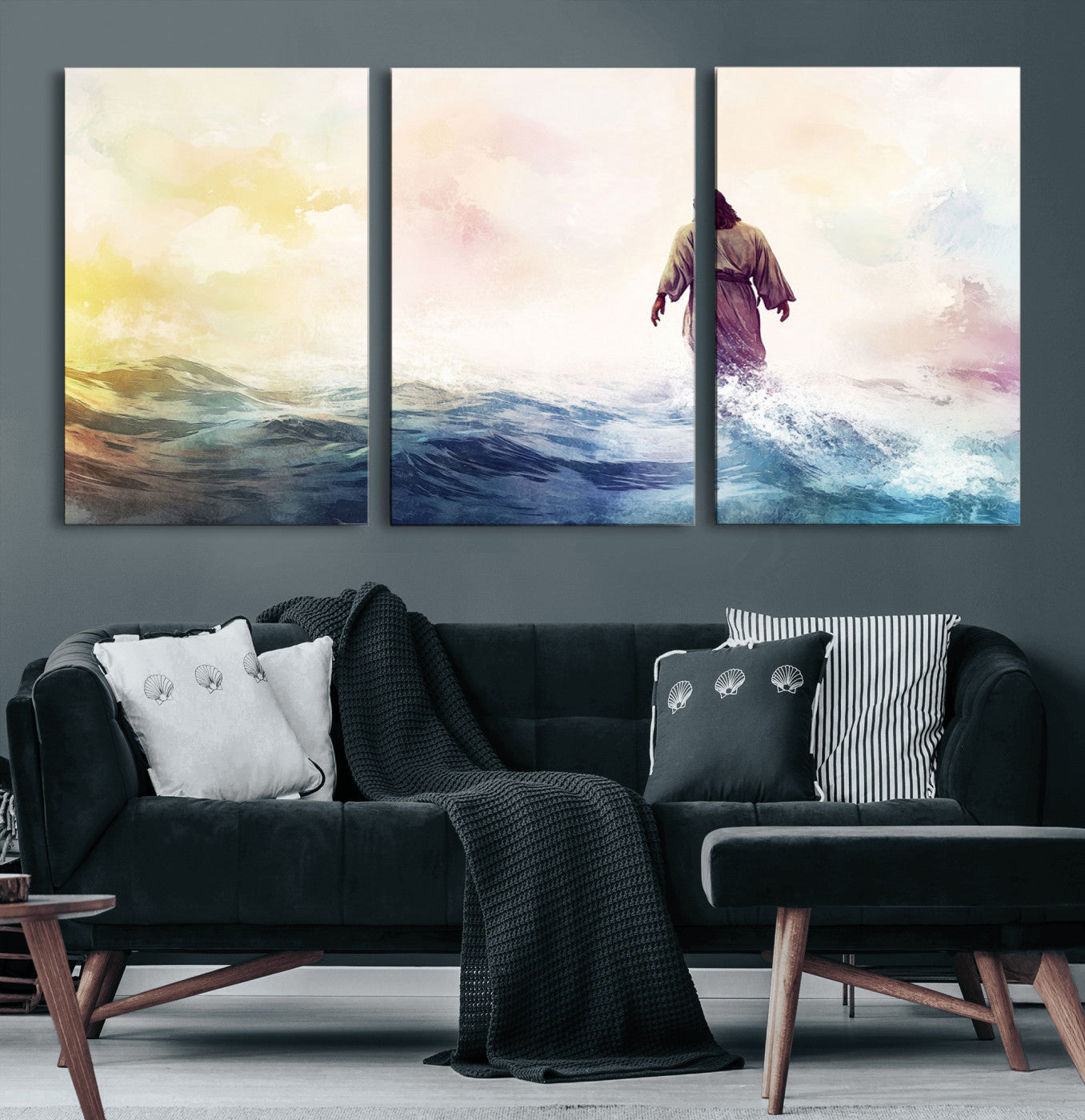 MGV-CV-60X30-3P - Watercolor Jesus Walking on Water Canvas Print, Christian Wall Art, Jesus Christ Walking