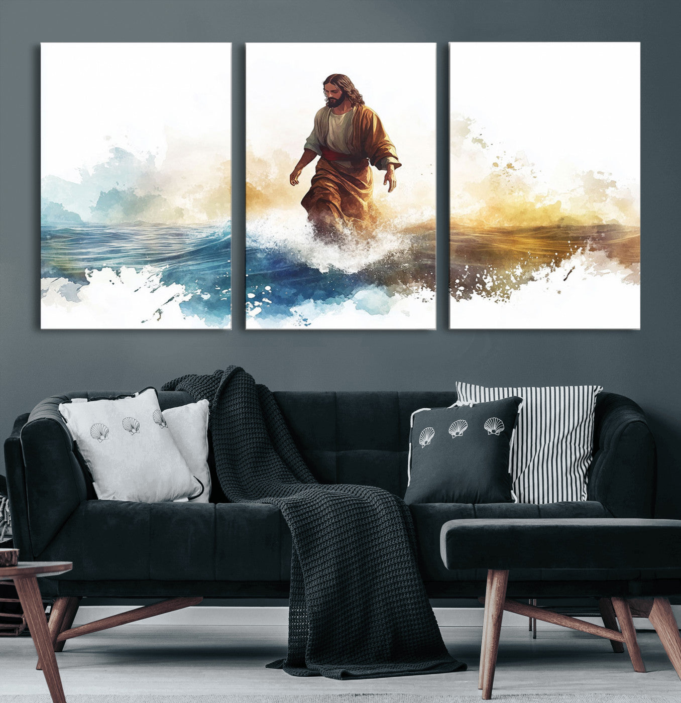 53671-MGV-CV-60X30-3P-Watercolor Jesus Walking Wall Art Print, Jesus Water Canvas Print, Christian Wall Art, Jesus Christ
