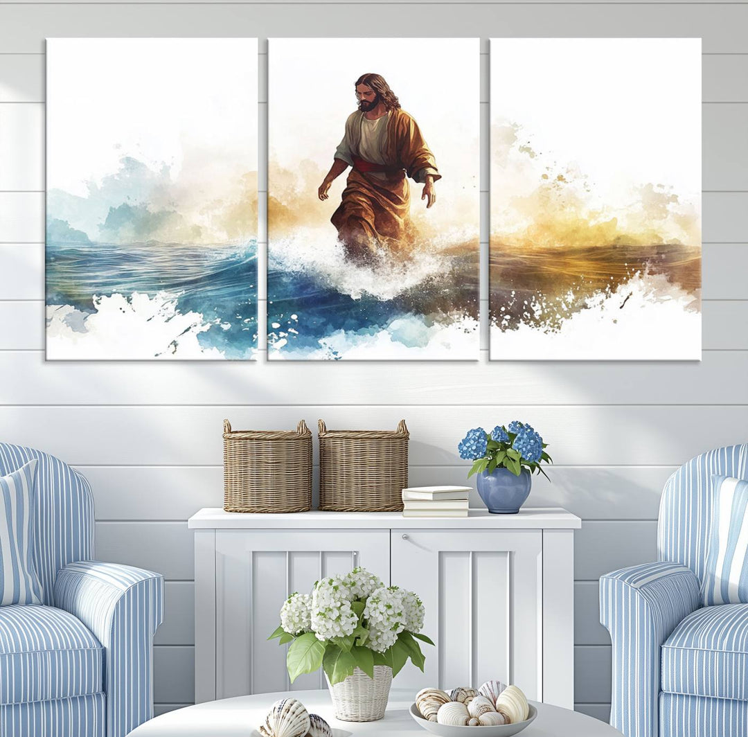 Watercolor Jesus Walking on Water Canvas Print, Christian Wall Art, Jesus Christ Walking