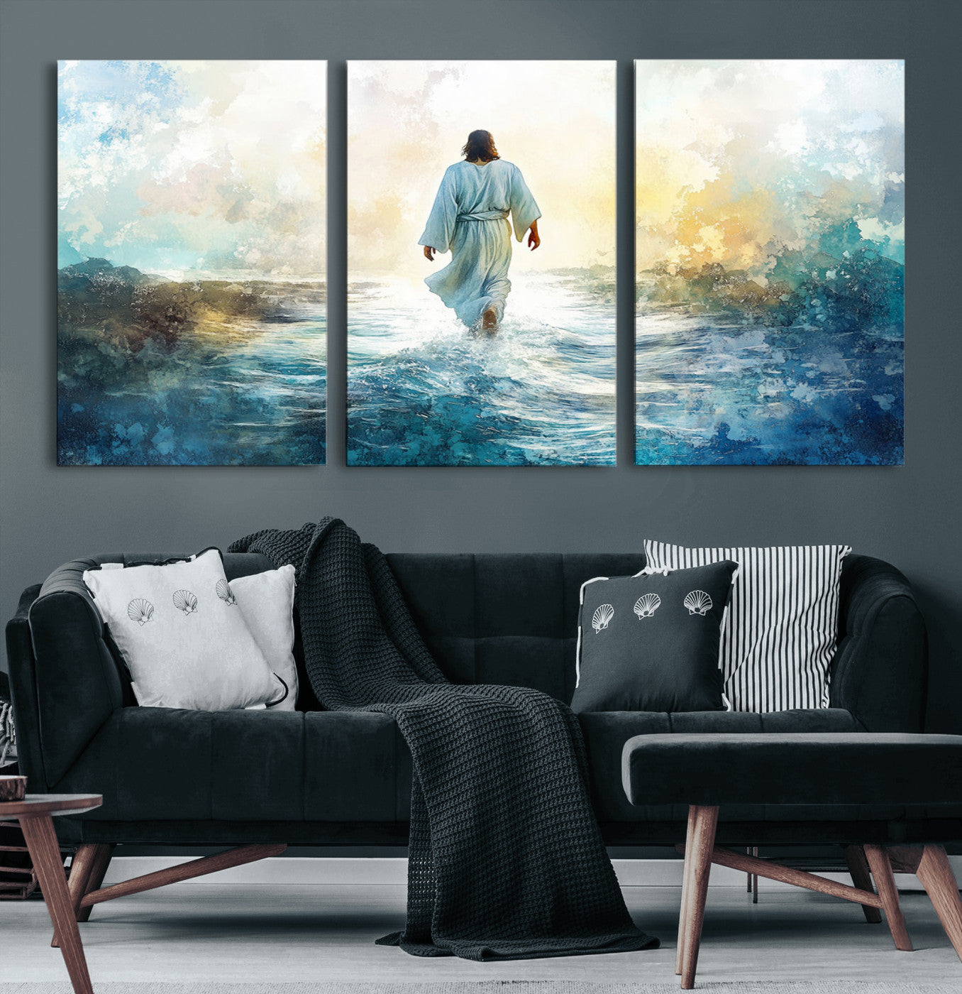 60634-MGV-CV-60X30-3P-Watercolor Jesus Walking on Water Canvas Print, Christian Wall Art, Jesus Christ Walking
