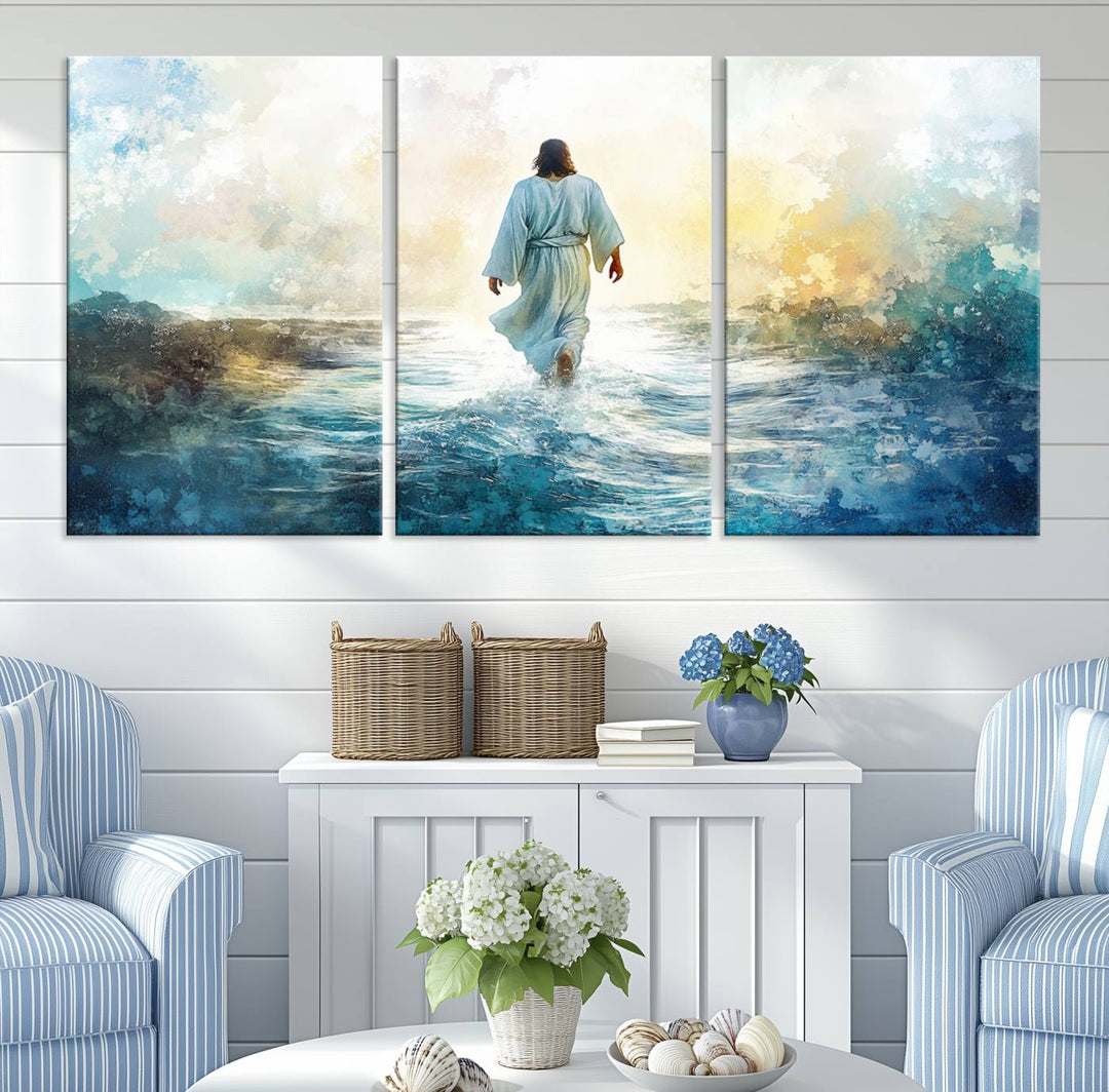 Watercolor Jesus Walking on Water Canvas Print, Christian Wall Art, Jesus Christ Walking