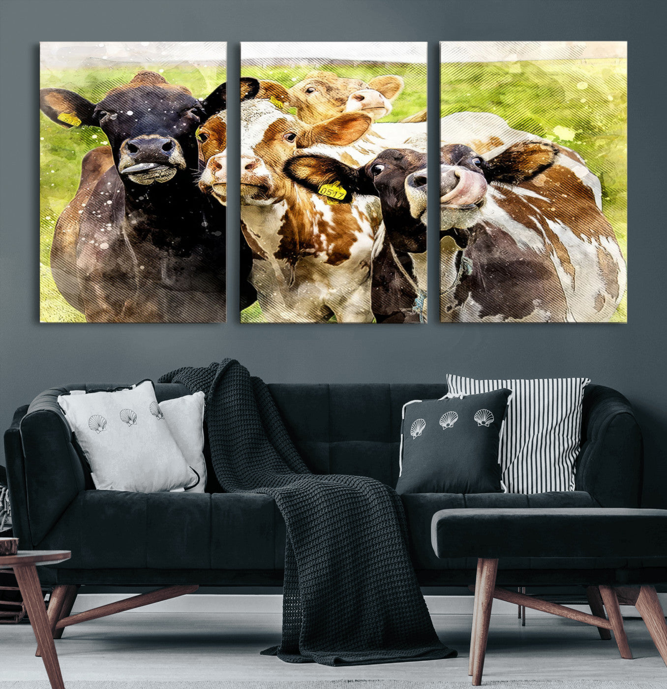 62642-MGV-CV-60X30-3P-Curious Cows Farmhouse Wall Art | Ready to Hang and Framed Canvas Print | Rustic Farm Decor