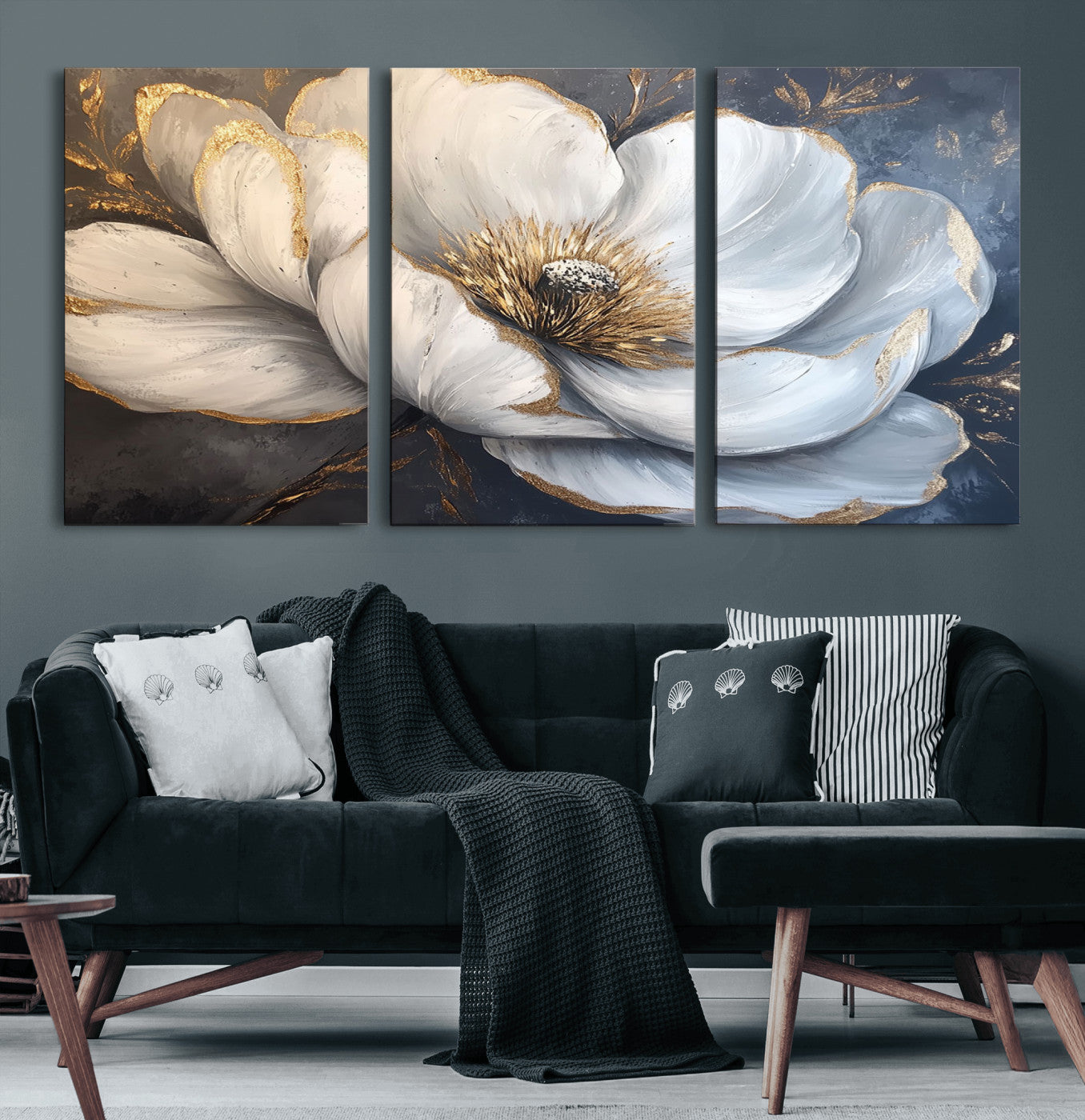 82996-MGV-CV-60X30-3P-White Magnolia Flower Wall Art Canvas Print | Abstract Floral Wall Decor | Elegant Bloom Artwork |
