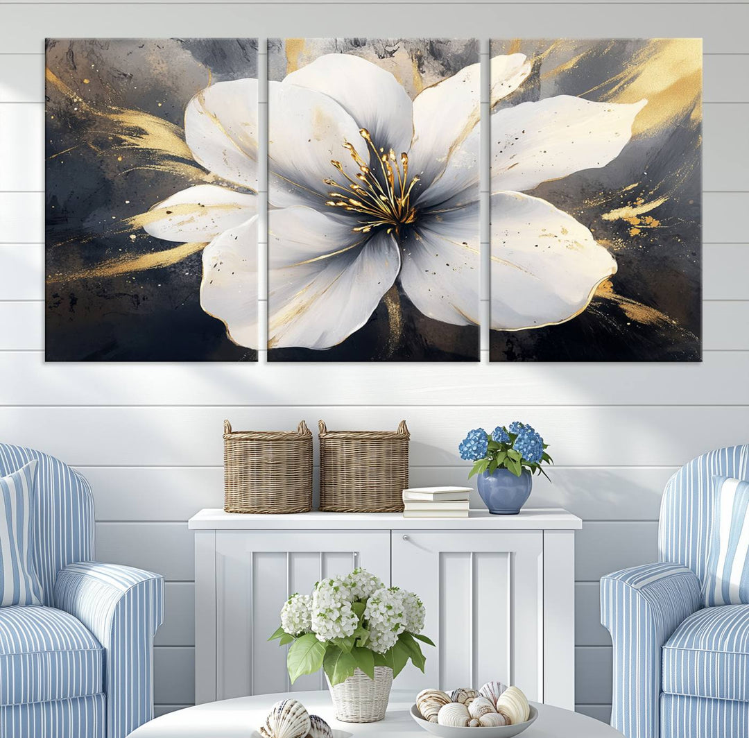 White Flower Wall Art | Canvas Print | Ready to Hang | Abstract Floral Wall Decor | Elegant Bloom Artwork | Framed for Living Room or Bedroom