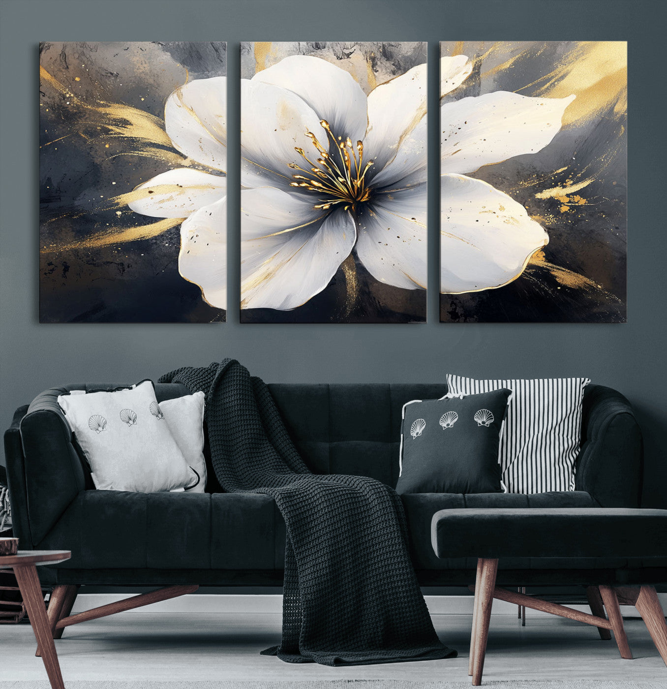 MGV-CV-60X30-3P - White Flower Wall Art Canvas Print | Ready to Hang | Abstract Floral Wall Decor | Elegant Bloom