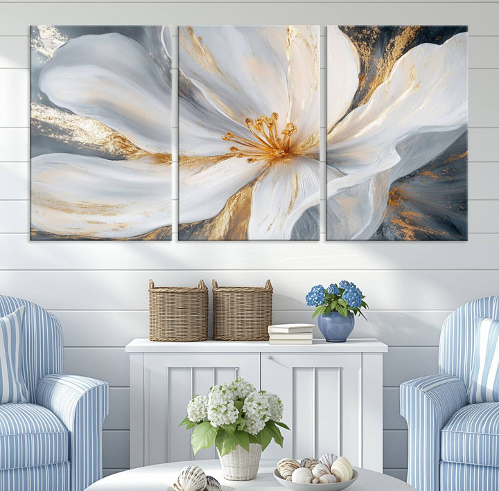 White and Gold Floral Canvas Wall Art - Framed and Ready to Hang - Perfect for Modern Living Rooms