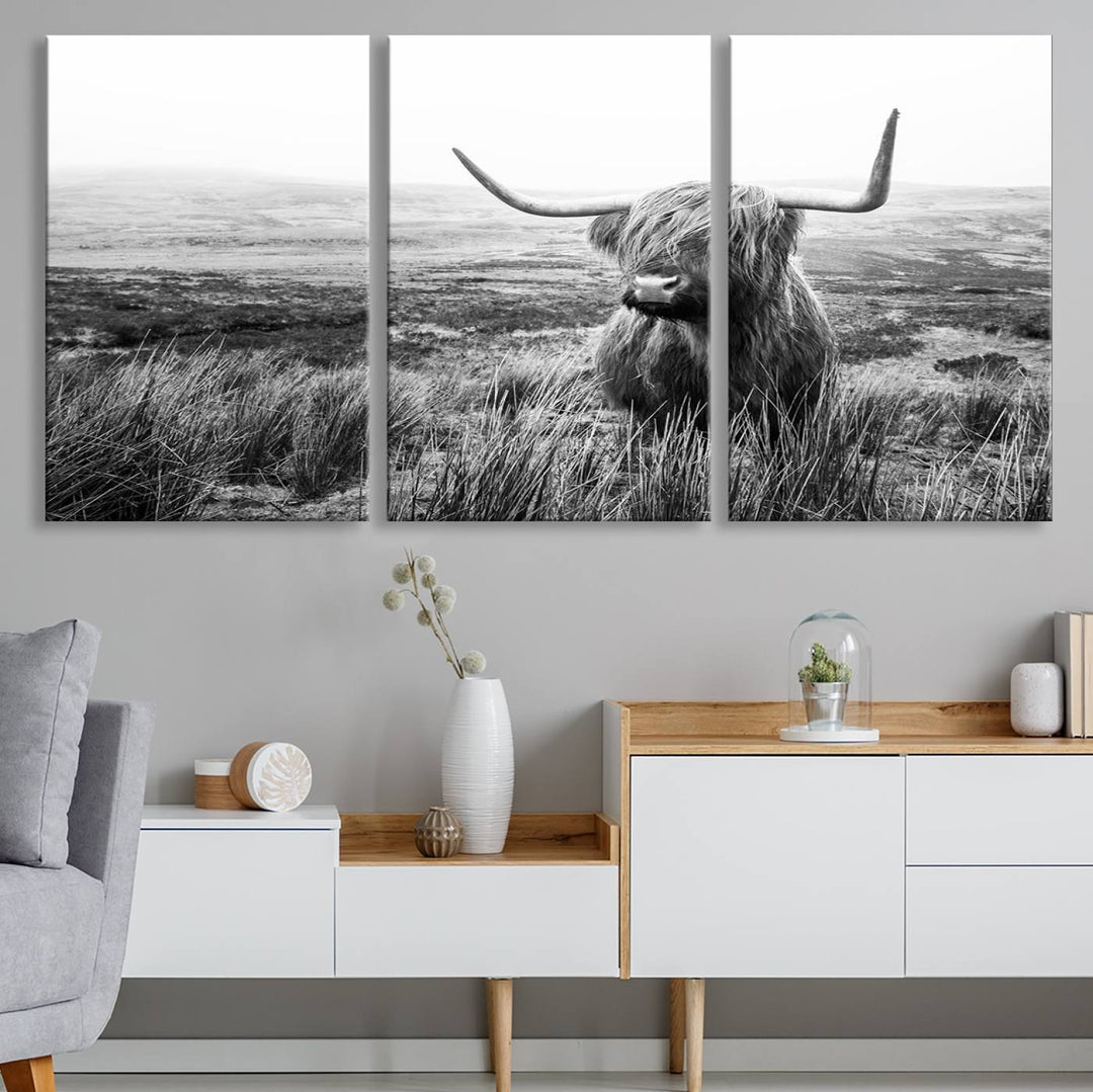 Scottish Highland Cow Wall Art | Black and White Canvas Print | Ready to Hang and Framed | Rustic Farmhouse Wall Decor for Living Room or Office