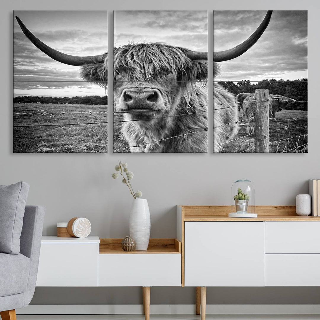 Scottish Highland Cow Wall Art Canvas Print | Ready to Hang and Framed | Rustic Farmhouse Decor