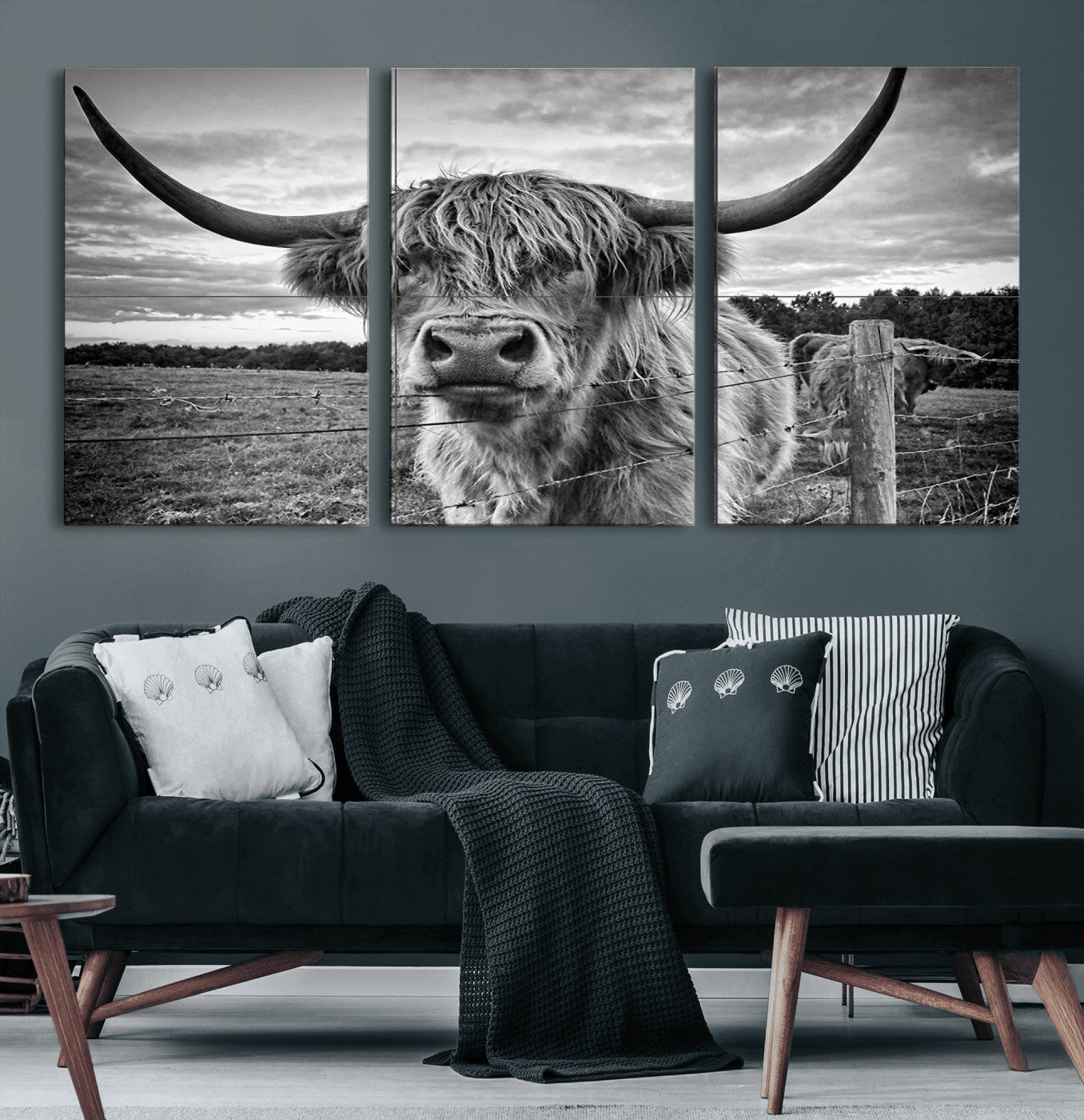 71937-MGV-CV-60X30-3P-Scottish Highland Cow Wall Art Canvas Print | Ready to Hang and Framed | Rustic Farmhouse Decor