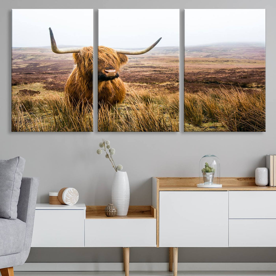 Scottish Highland Cow Wall Art Canvas Print | Ready to Hang and Framed | Rustic Farmhouse Decor for Living Room or Cabin