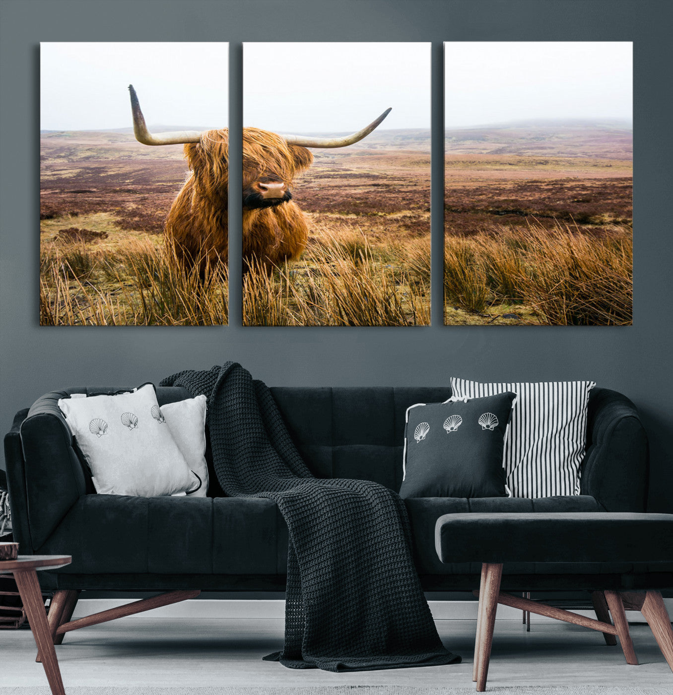 97274-MGV-CV-60X30-3P-Scottish Highland Cow Wall Art Canvas Print | Ready to Hang and Framed | Rustic Farmhouse Decor for