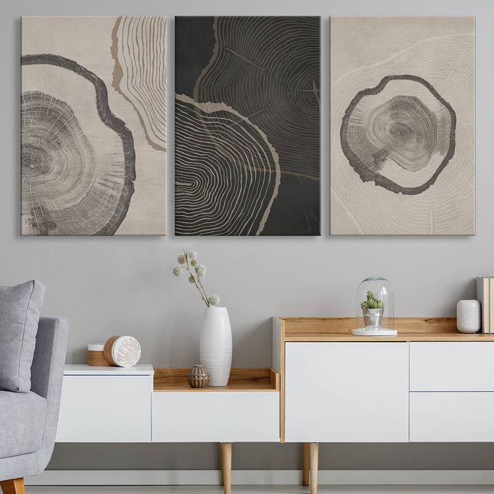 Framed Canvas Wall Art Set Wood Tree Rings Age Abstract Illustrations Prints Modern Art Minimalist Neutral Boho Decor