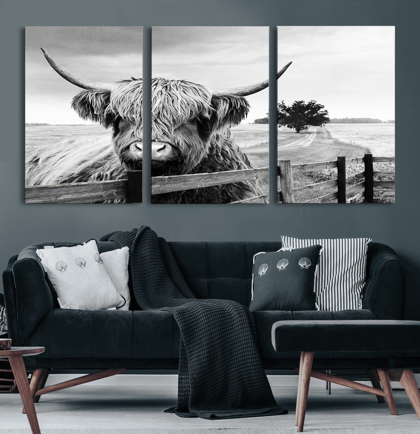 46054-MGV-CV-60X30-3P-Scottish Highland Cow Wall Art | Rustic Farmhouse Décor | Black and White Ready to Hang Canvas Print