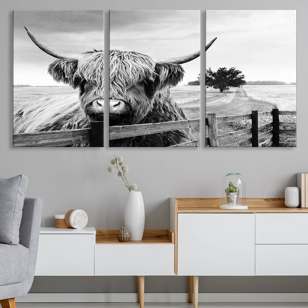 Scottish Highland Cow Wall Art | Rustic Farmhouse Décor | Black and White Ready to Hang Canvas Print