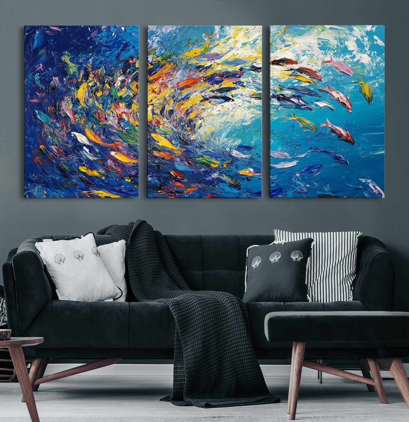 MGV-CV-60X30-3P - Colorful Swirling Fish School Wall Art Canvas Print | Oceanic Abstract Painting | Ready to Hang |