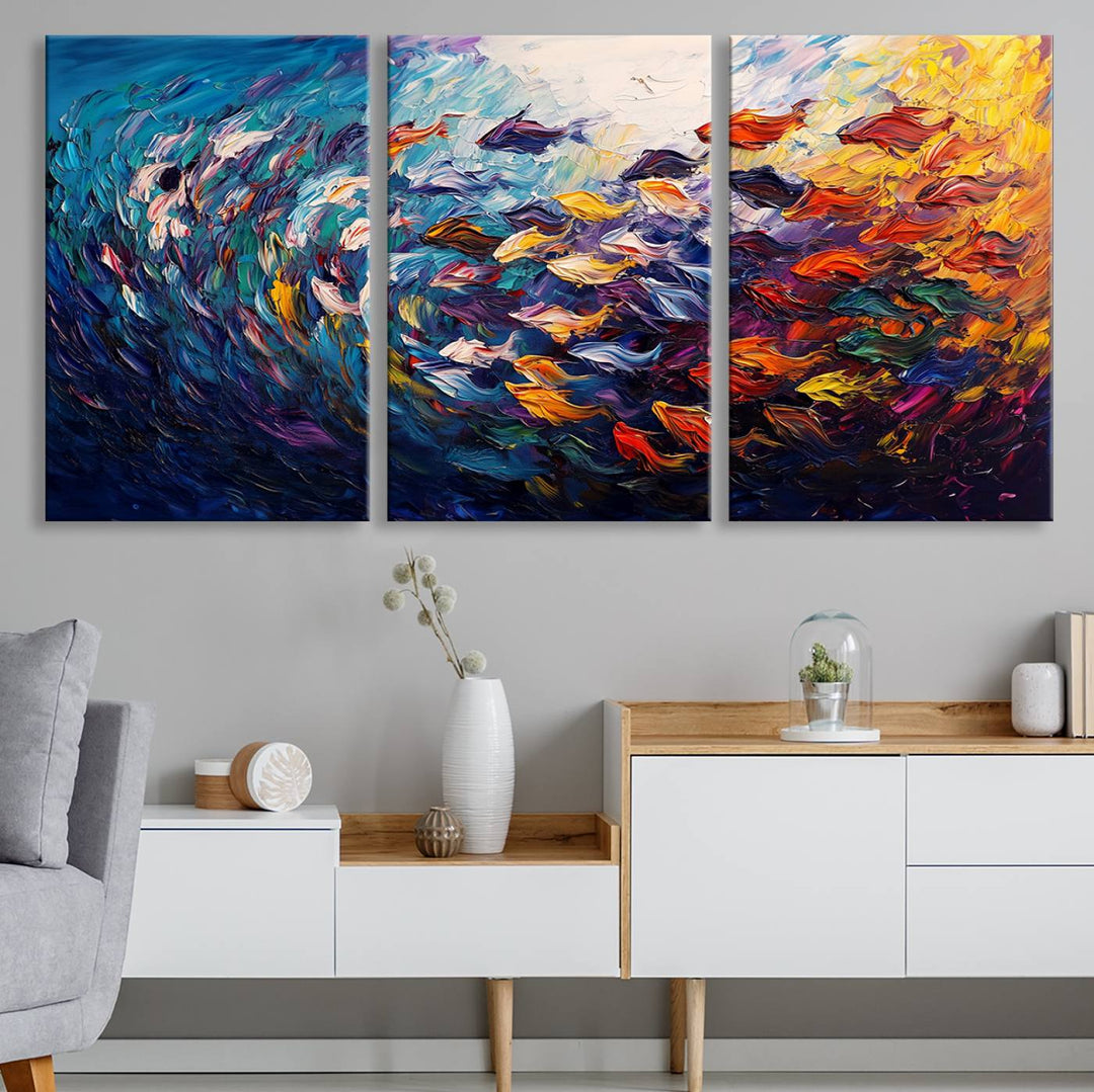 Vibrant Abstract Fish Swarm Art – Colorful Fish Inspired 3-Piece Canvas Wall Art for Living Room or Office – Framed and Ready to Hang