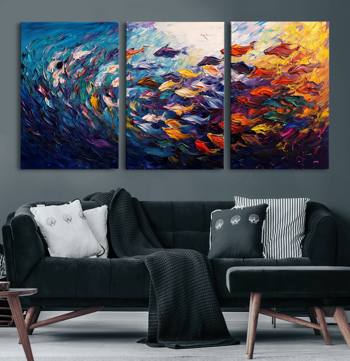 MGV-CV-60X30-3P - Vibrant Abstract Fish Swarm Art – Colorful Fish Inspired 3-Piece Canvas Wall Art for Living Room or