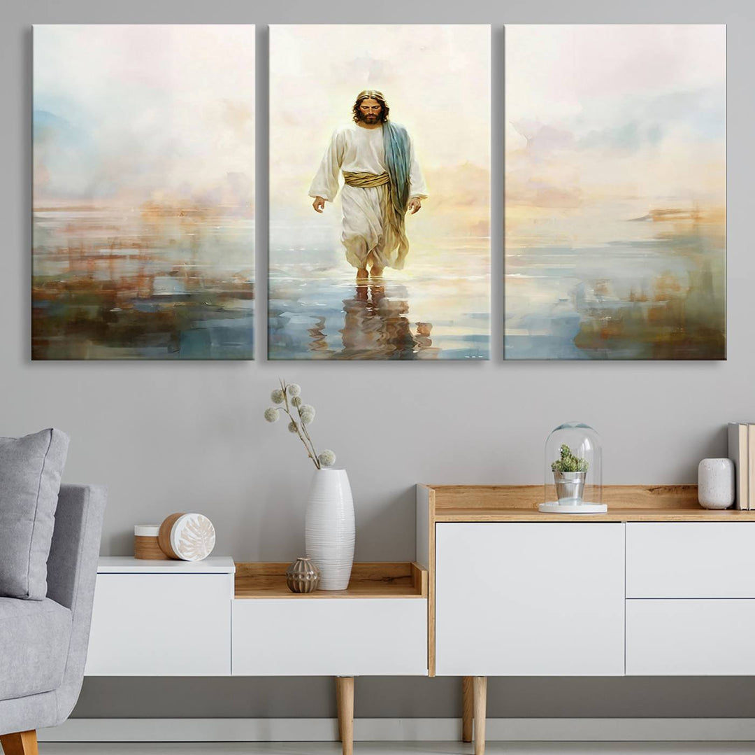 Framed Jesus Walking on Water Wall Art - 3-Panel Christian Canvas Prints, Religious Artwork, Ready to Hang Home Decor for Living Room, Office, or Church