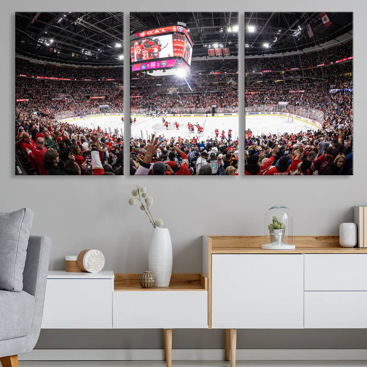 The wall art, a high-quality basketball arena canvas, evokes the excitement of fans cheering at the Amerant Bank Arena.