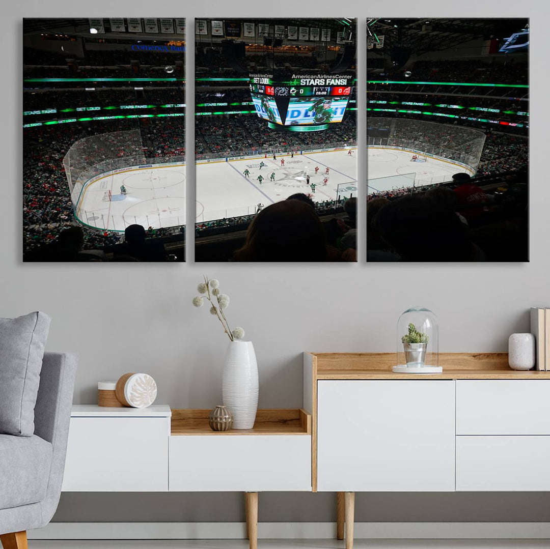 The Dallas Stars Wall Art Canvas Print is as clear as the scoreboard stats at a hockey game in a large arena with bright lights.