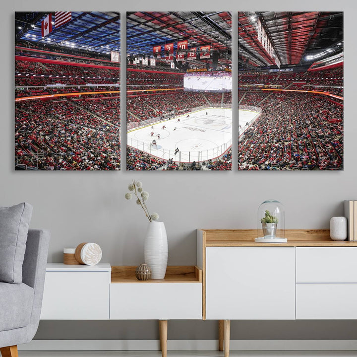 A Barton Malow canvas depicting Little Caesars Arena from above is beautifully printed in high resolution for your wall.