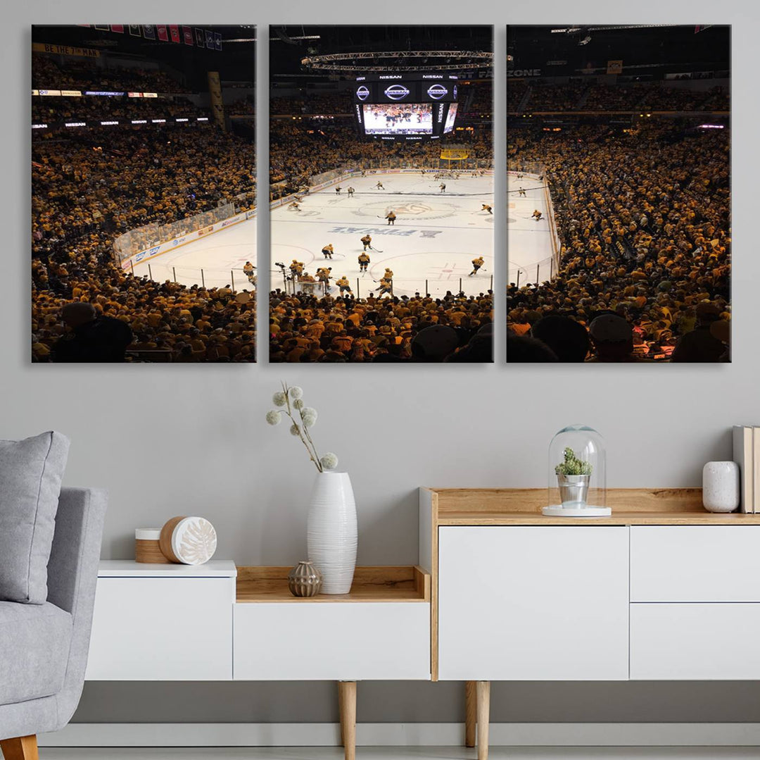 A captivating triptych canvas print, titled "Bridgestone Arena - Nashville Predators Hockey Team Print," adorns the wall. This Nashville wall art canvas print is perfect for Predators fans who appreciate sports-themed decor.