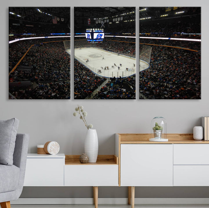 The nautical-themed room is enhanced by the KeyBank Center New York Buffalo Sabres Hockey Stadium Wall Art Canvas Print, a three-panel depiction of a bustling hockey arena with a gallery-quality finish. This canvas artwork, handmade in the USA, introduces an element of sporting elegance to your decor.