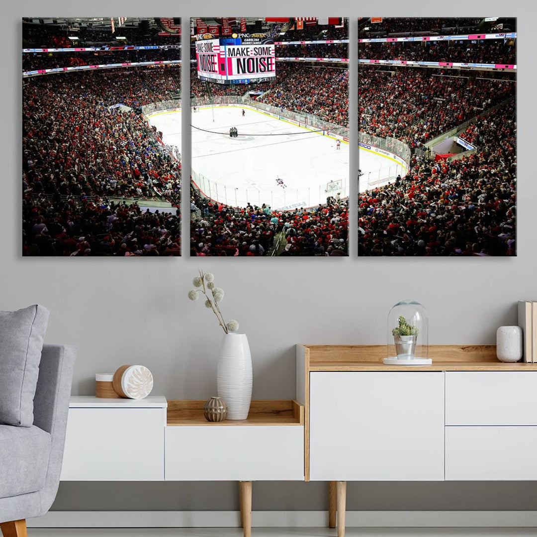 The living room features the PNC Arena Raleigh North Carolina Hurricanes Hockey Stadium Wall Art Canvas Print, which depicts a crowded ice hockey stadium with enthusiastic fans and an ongoing game, all rendered in high-resolution on museum-quality canvas.