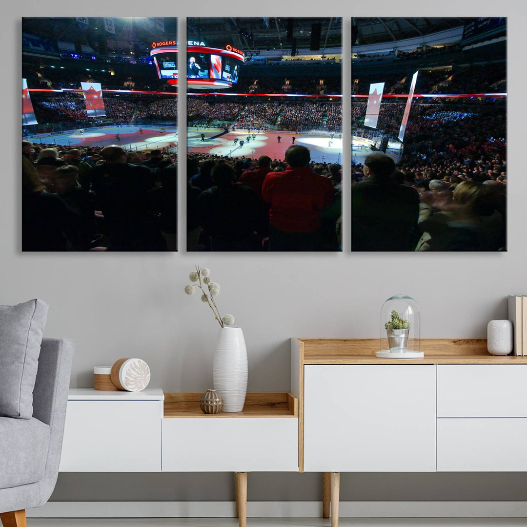 Experience the intense atmosphere of a full-capacity ice hockey game at Rogers Arena, home of the Vancouver Canucks, captured on museum-quality canvas.