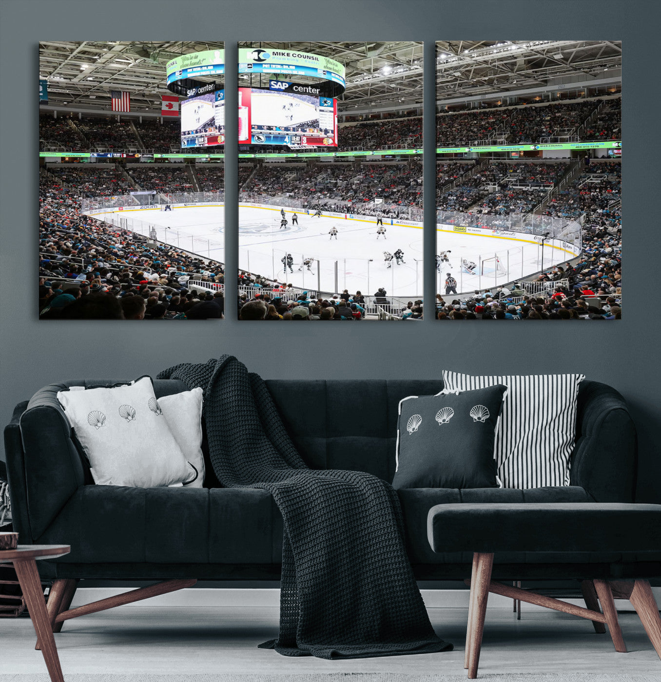 87538-MGV-CV-60X30-3P-Sharks Arena Blackhawks Sharks Ice Hockey Stadium Wall Art Canvas Print, Framed Blackhawks Sharks