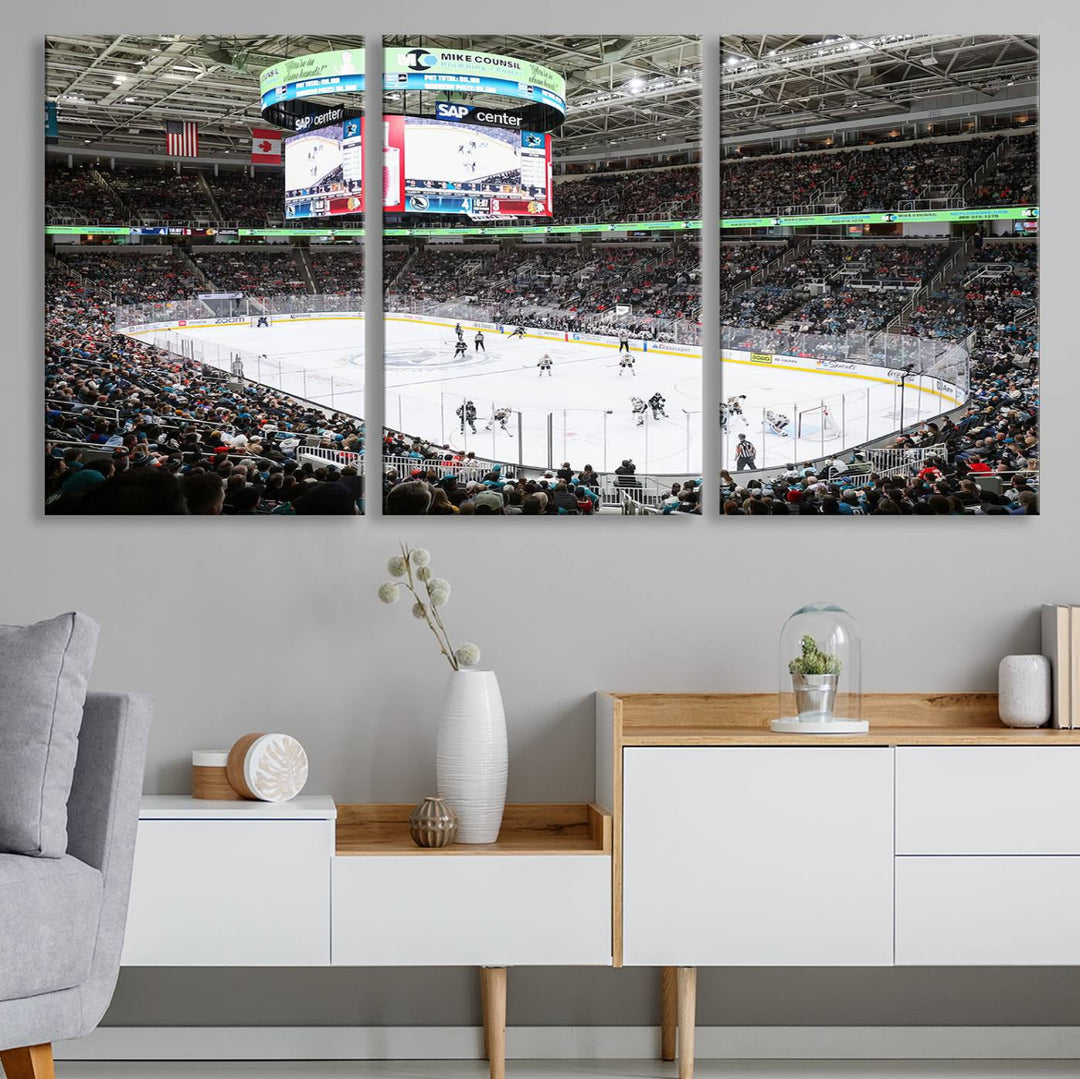 A packed ice hockey arena buzzes with energy as players glide on the ice and a large screen displays scores. The indoor decor features Sharks Arena Blackhawks Sharks Ice Hockey Stadium Wall Art Canvas Prints, creating an unexpected yet charming sporting atmosphere reminiscent of a gallery.