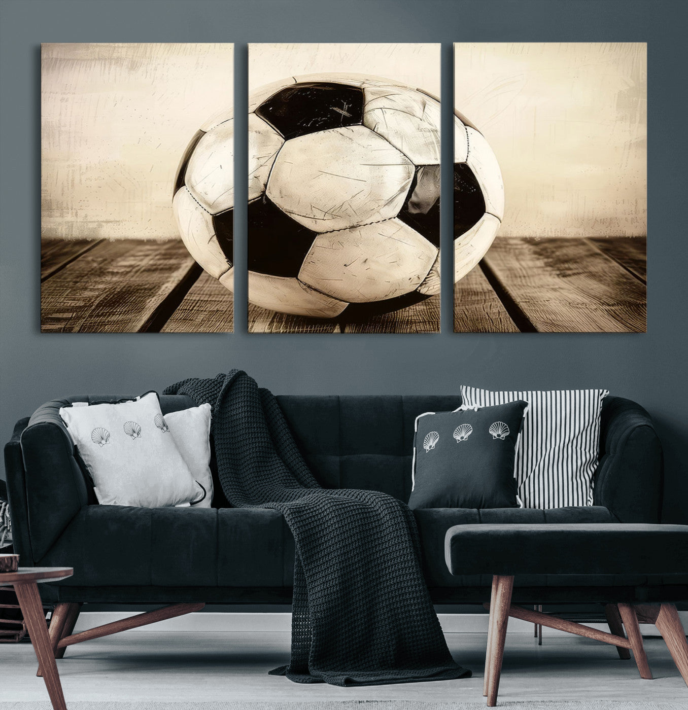24319-MGV-CV-60X30-3P-Vintage Soccer Ball Wall Decor Canvas Art – 3-Panel Soccer Wall Decor, Framed and Ready to Hang