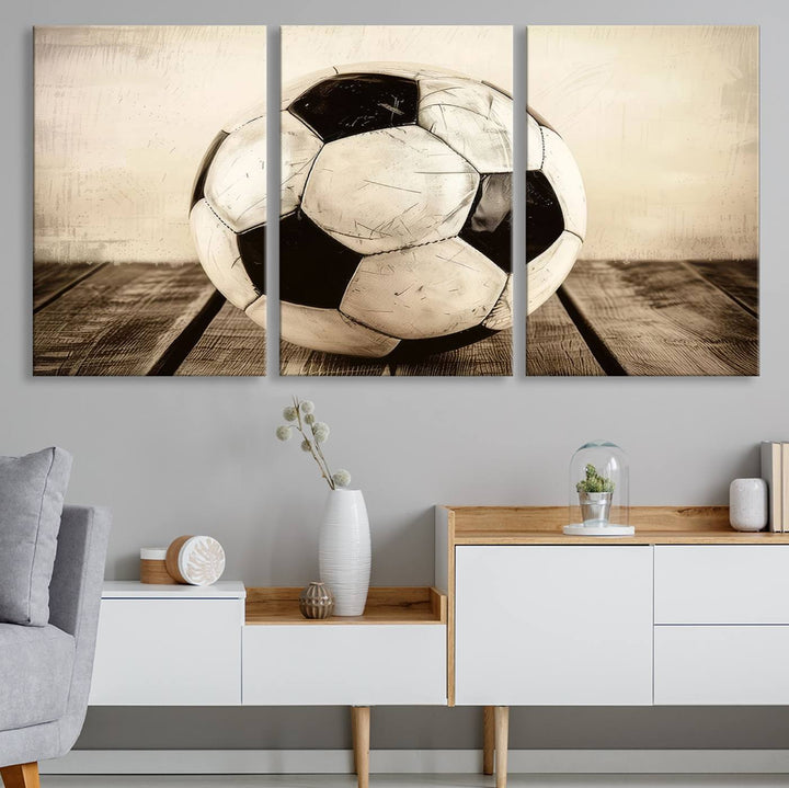 Vintage Soccer Ball Triptych Canvas Art – 3-Panel Soccer Wall Decor, Framed and Ready to Hang Sports Art for Home, Office, or Gym