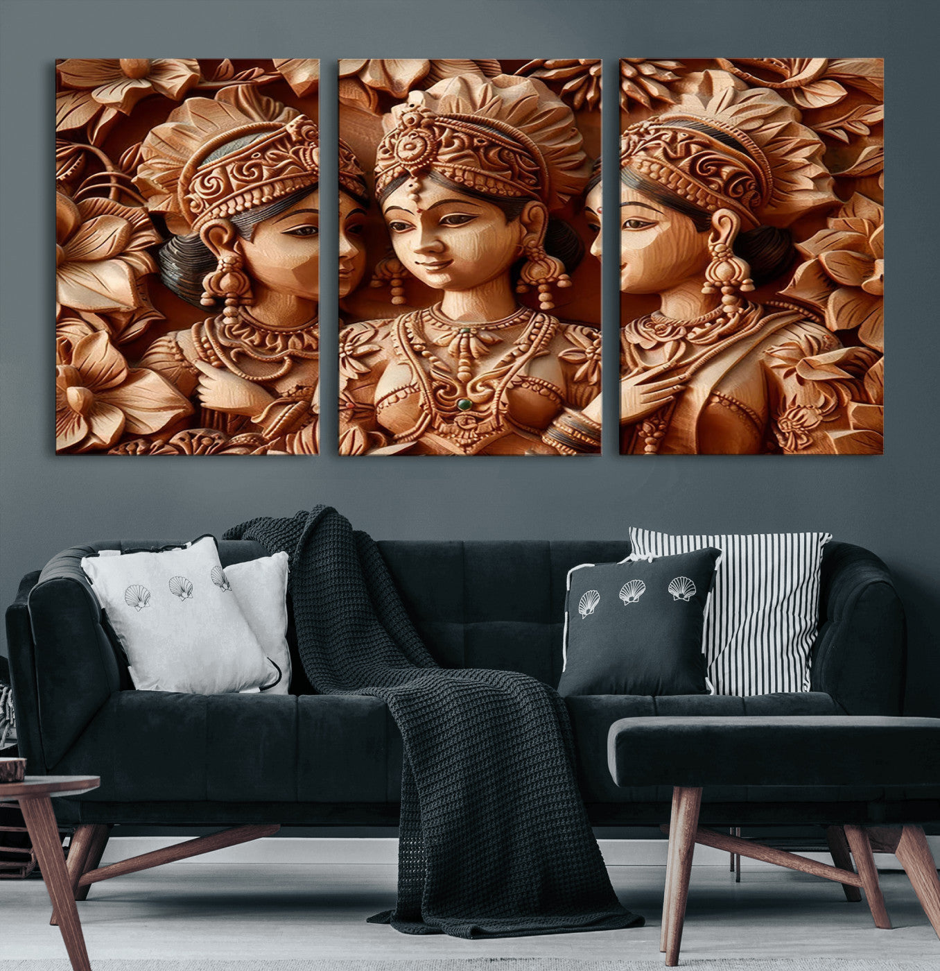 89522-MGV-CV-60X30-3P-Indian Woman Statue Wall Art Canvas Print