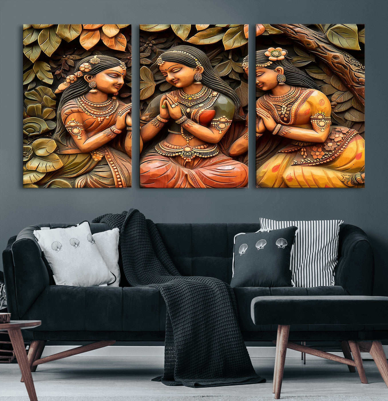 12926-MGV-CV-60X30-3P-Indian Woman Statue Wall Art Canvas Print