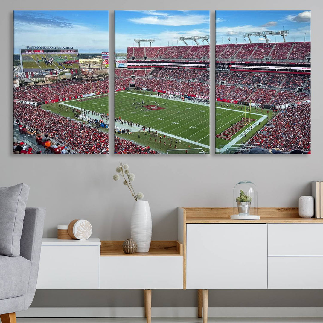 The Florida Tampa Raymond James Stadium Wall Art Canvas Print is featured above the cabinet.