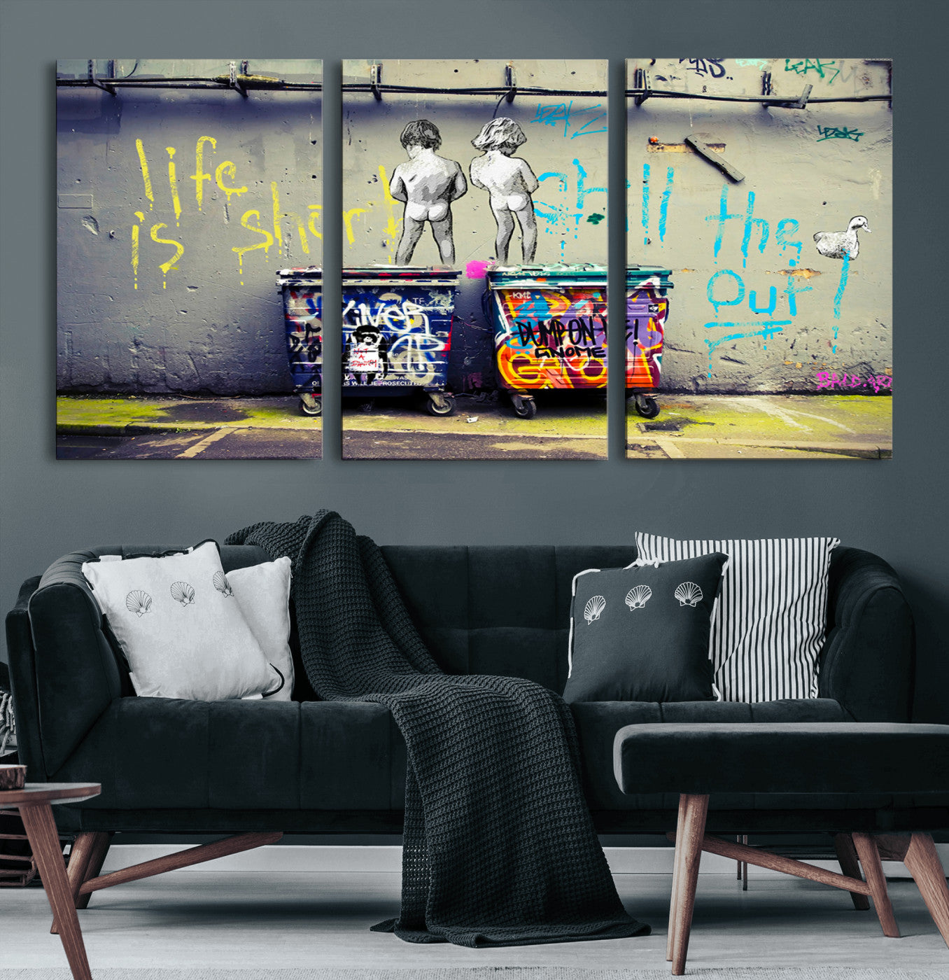 BanksSort-MGV-CV-60X30-3P-Banksy Life is Short Wall Art - Iconic Graffiti Art on Framed Ready-to-Hang Canvas - Street Art